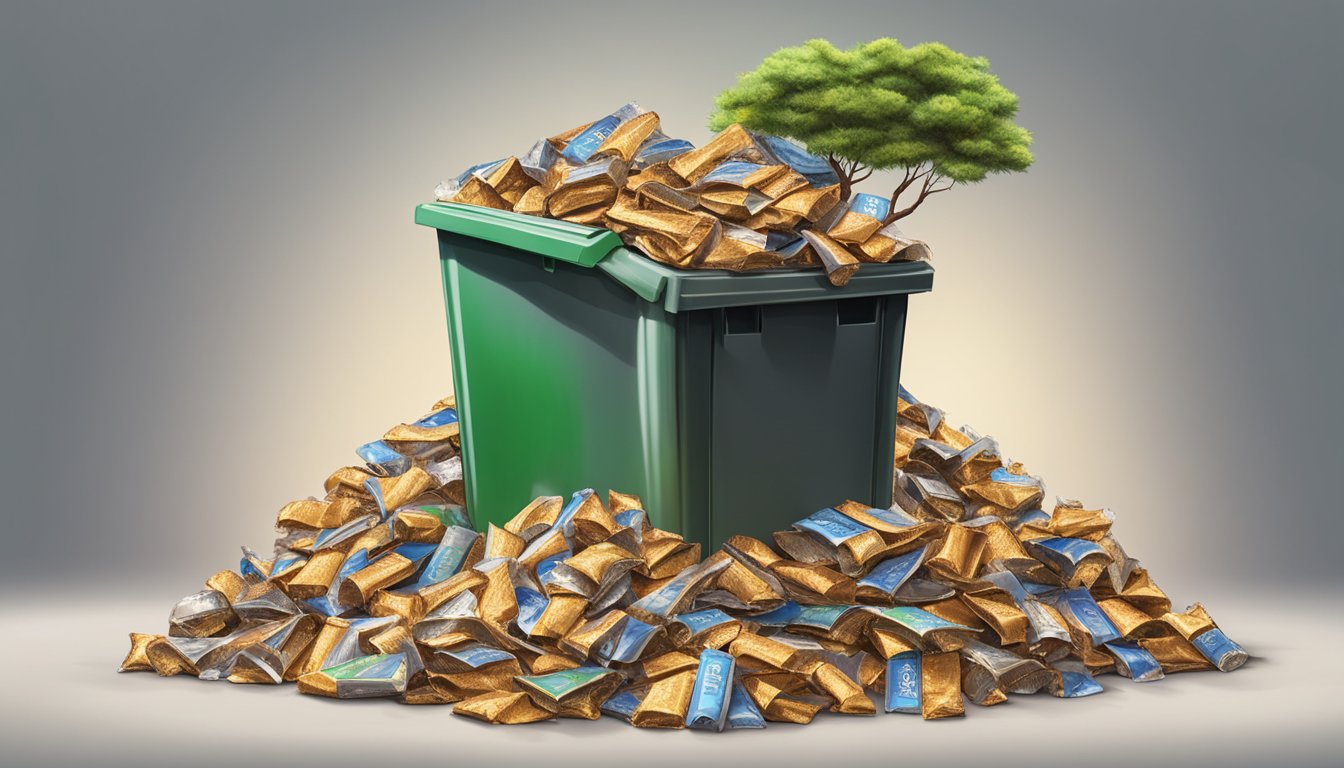 A pile of empty Kind bar wrappers overflowing from a recycling bin, with a small tree growing nearby