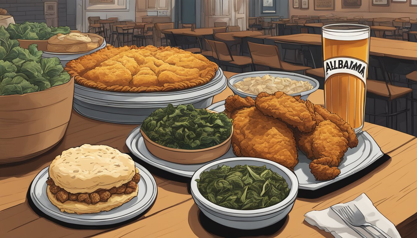 A table filled with southern comfort food: fried chicken, biscuits, collard greens, and pecan pie. A sign in the background reads "Alabama's Famous Eats."