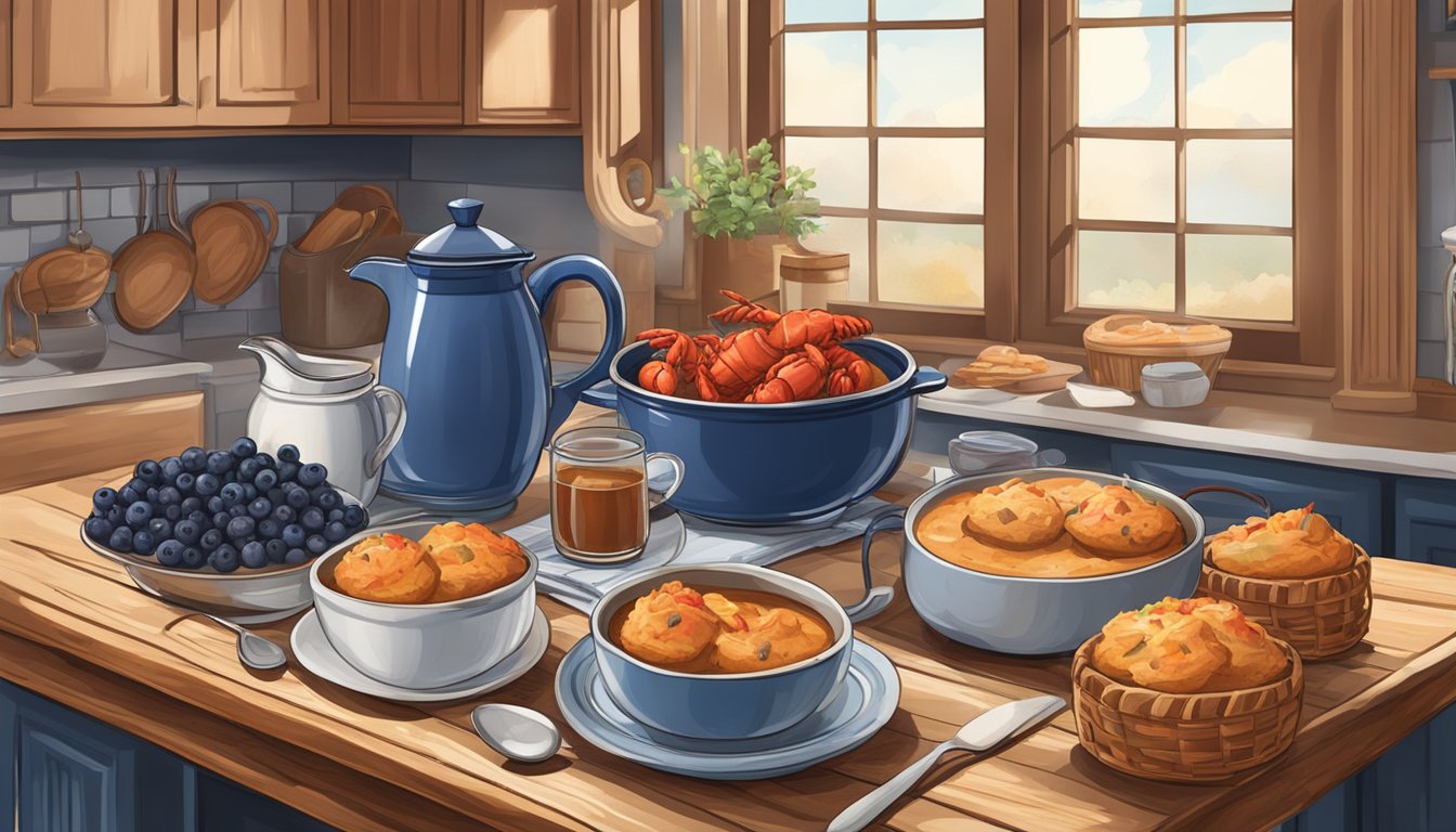 A rustic kitchen table set with a steaming pot of lobster stew, a basket of freshly baked blueberry muffins, and a jug of maple syrup