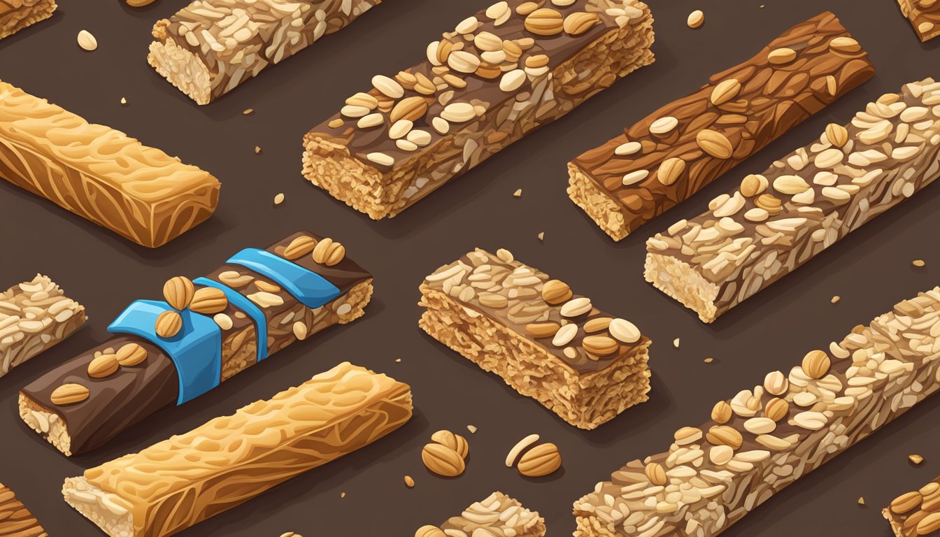 A variety of kind chewy granola bars arranged in a balanced and moderate portion on a wooden cutting board