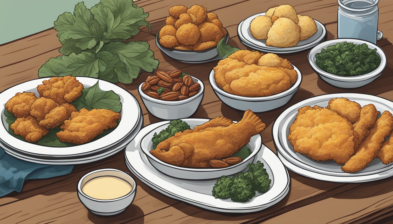 A table set with classic Alabama dishes: fried catfish, hushpuppies, collard greens, and pecan pie