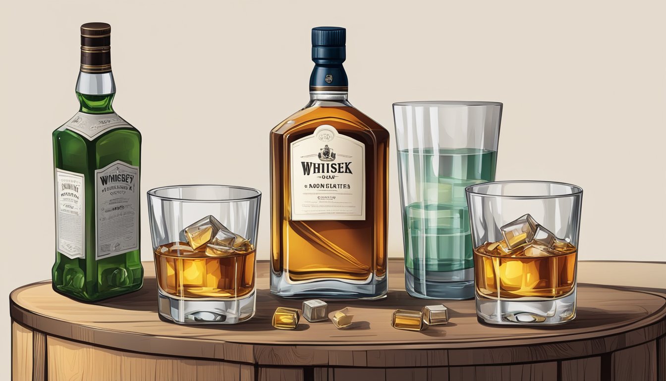 A table with two glasses of whiskey, one with a moderate amount and the other with an excessive amount, surrounded by empty bottles