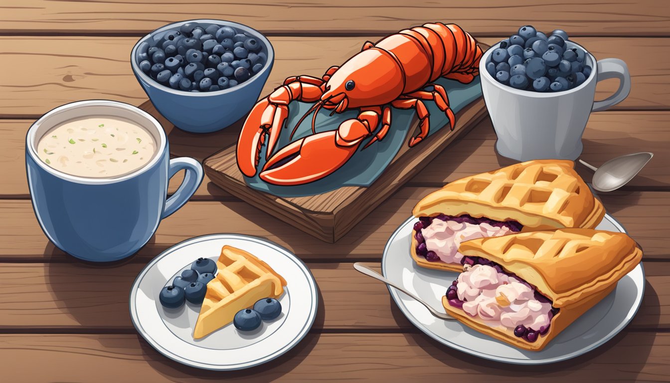 A lobster roll and blueberry pie sit on a rustic wooden table next to a steaming cup of hot clam chowder