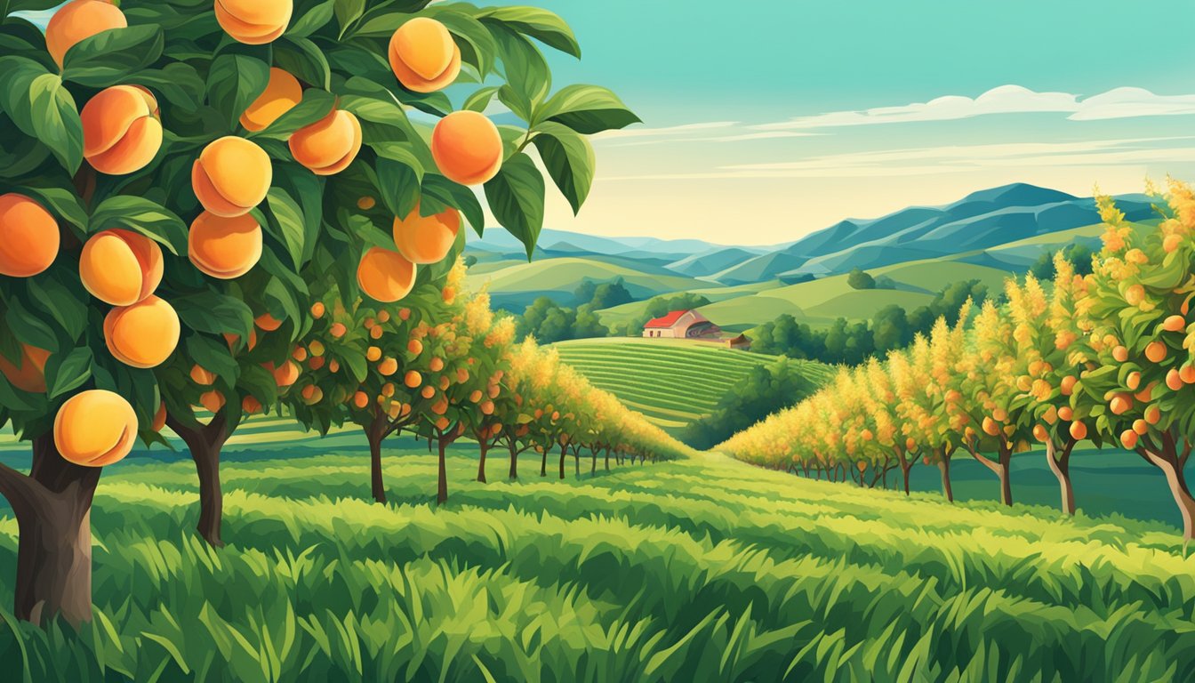 A lush peach orchard with rows of ripe fruit, set against a backdrop of rolling hills and a clear blue sky