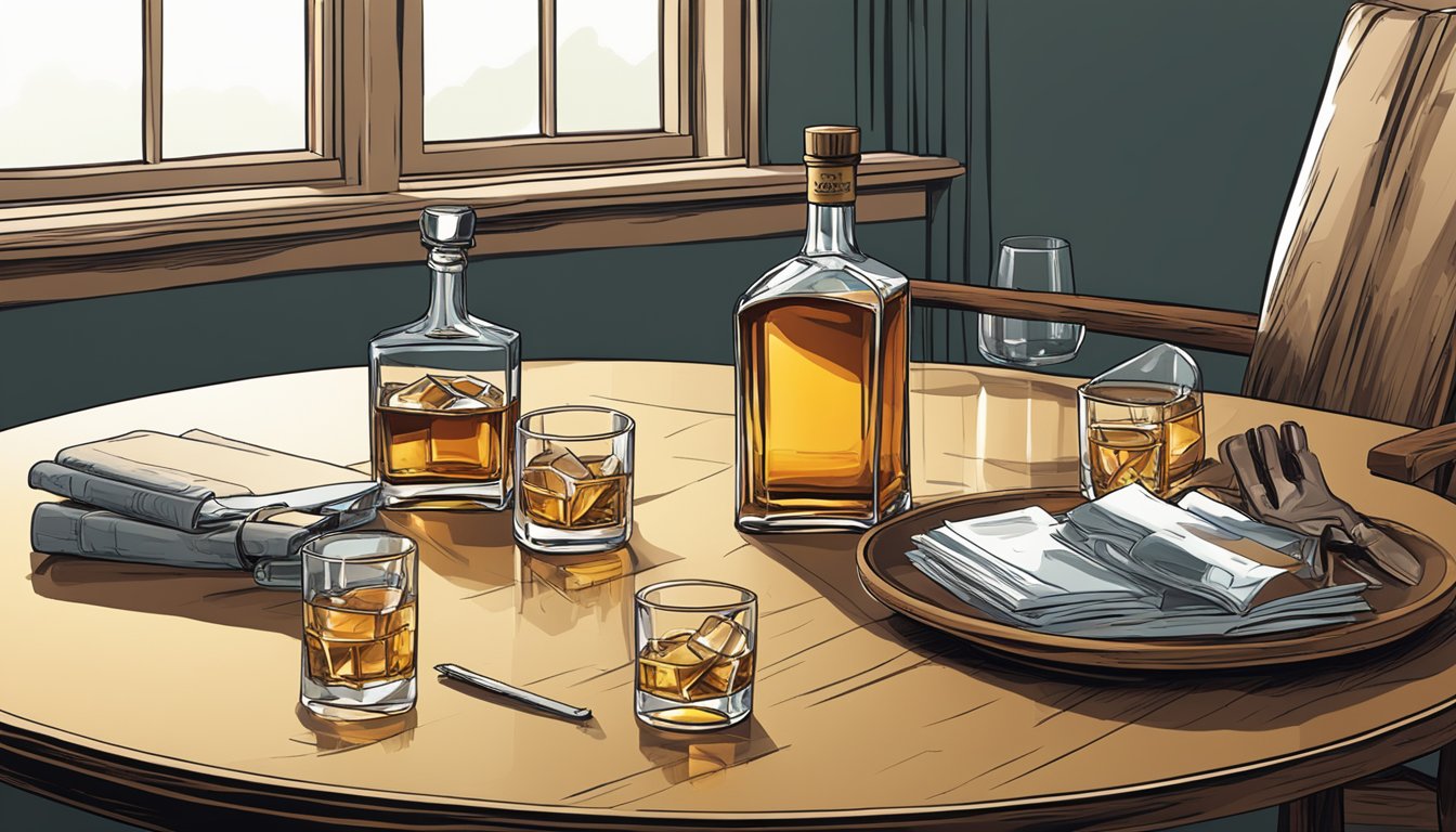 A table with multiple empty whiskey glasses, a half-empty bottle, and a disheveled chair, suggesting excessive alcohol consumption