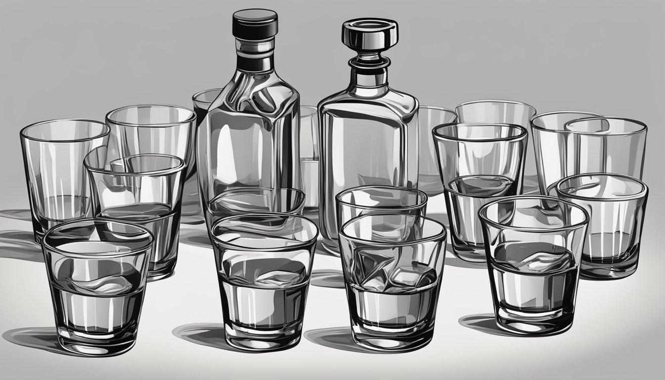 A table with multiple empty whiskey glasses, some overturned. An empty bottle and a half-filled glass suggest excessive consumption