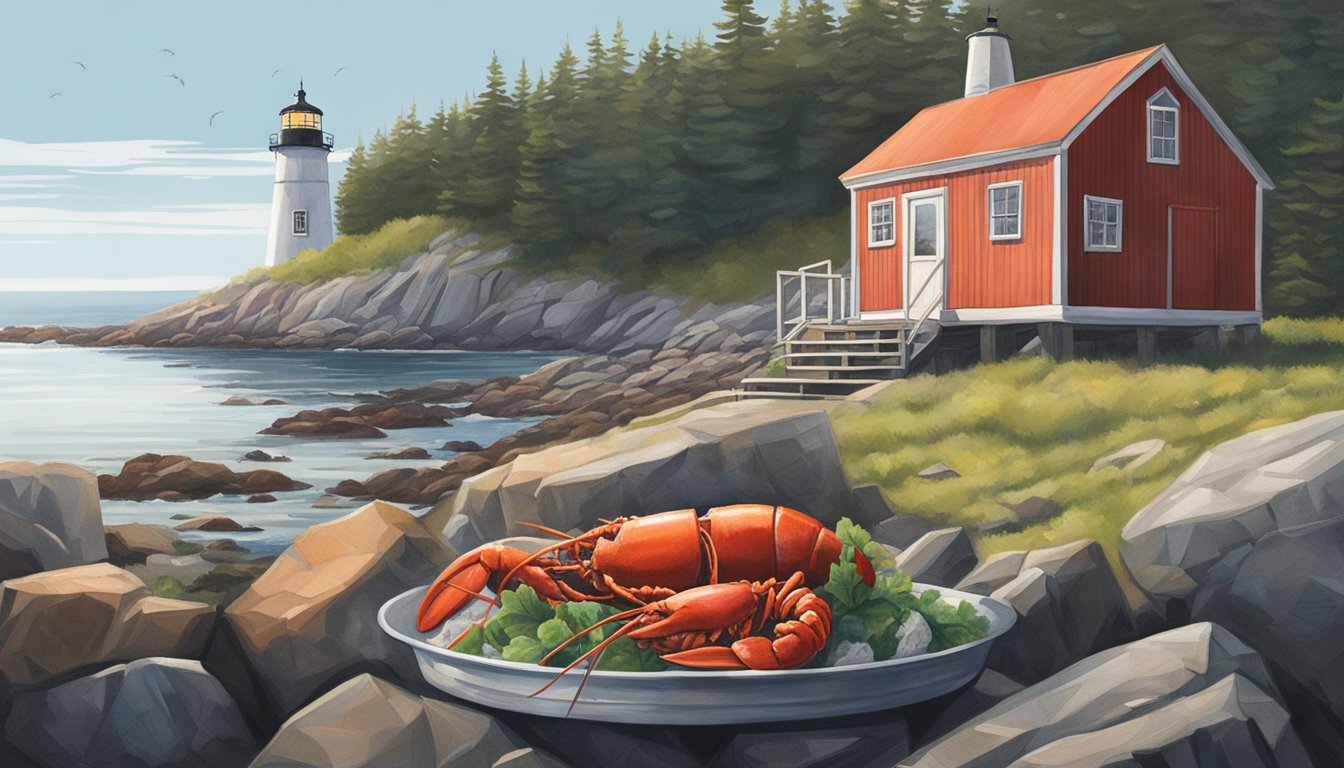 A lobster shack on the rocky coast of Maine, with a steaming pot of fresh lobster and a lighthouse in the background