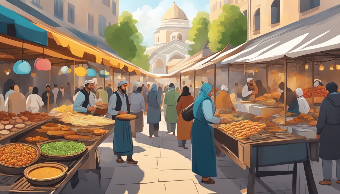 A bustling outdoor food market with colorful stalls selling traditional Georgian dishes like khachapuri and khinkali. The aroma of grilled meats and spices fills the air