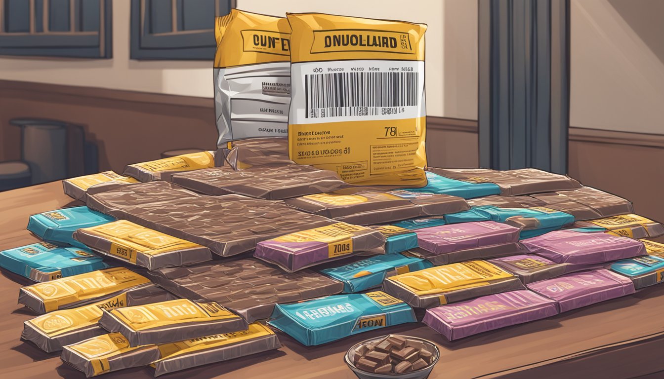 A table covered in empty neoh chocolate bar wrappers, with a pile of uneaten bars in the center. An alarmed person looks at a nutrition label