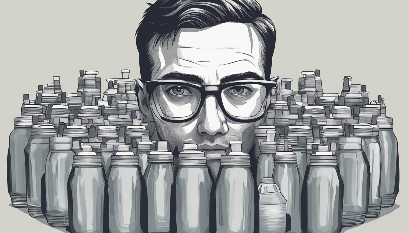 A person surrounded by empty Core Power protein shake bottles, with a concerned look on their face