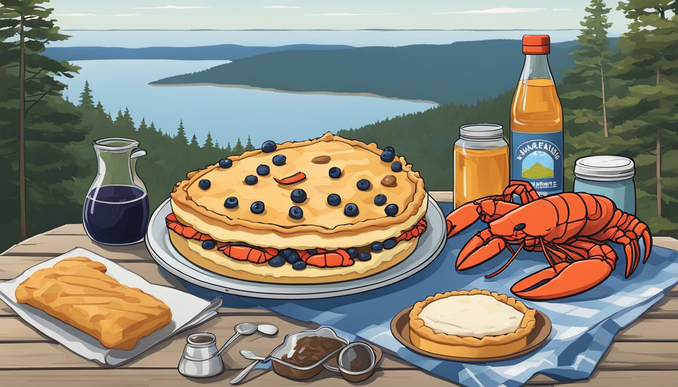 A table with a lobster roll, blueberry pie, and maple syrup next to a backpack and hiking boots, with a map of Maine in the background