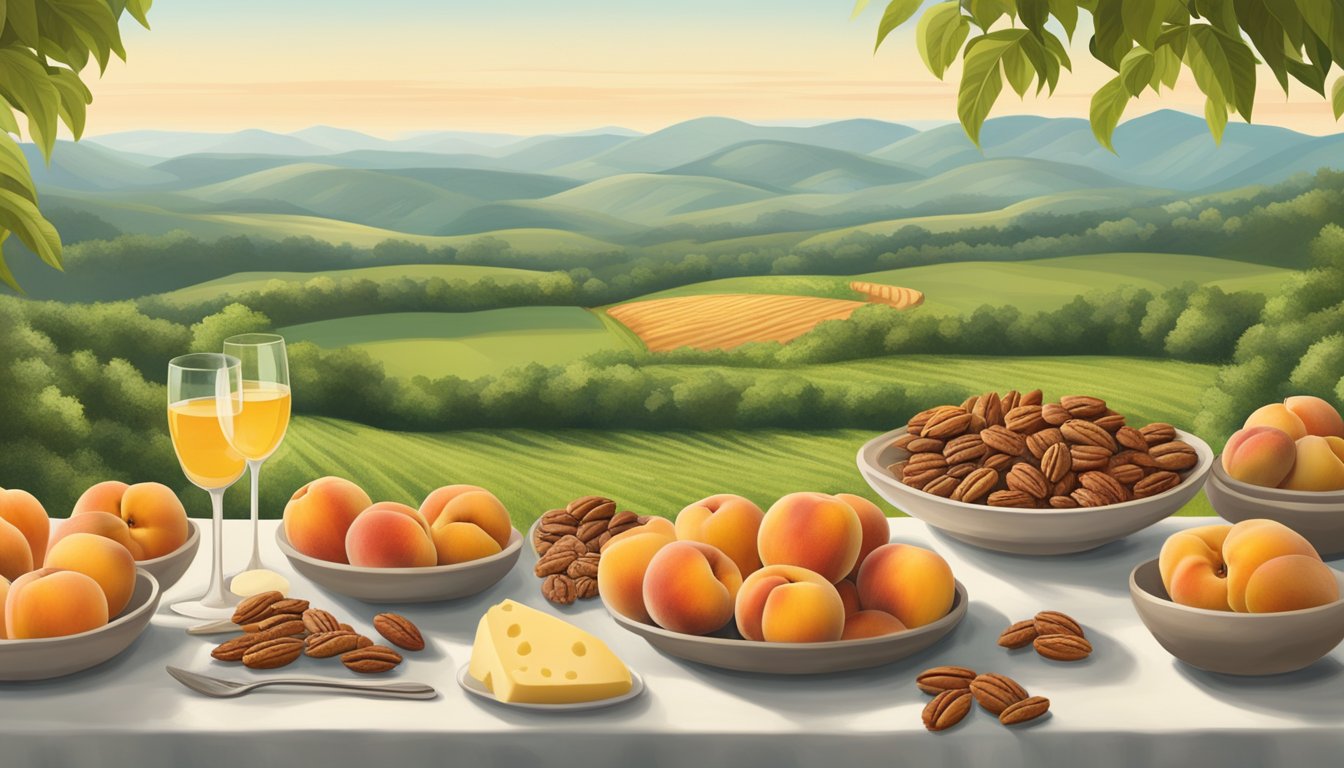 A table spread with peaches, pecans, and cheese straws, set against a backdrop of rolling green hills and a peach orchard