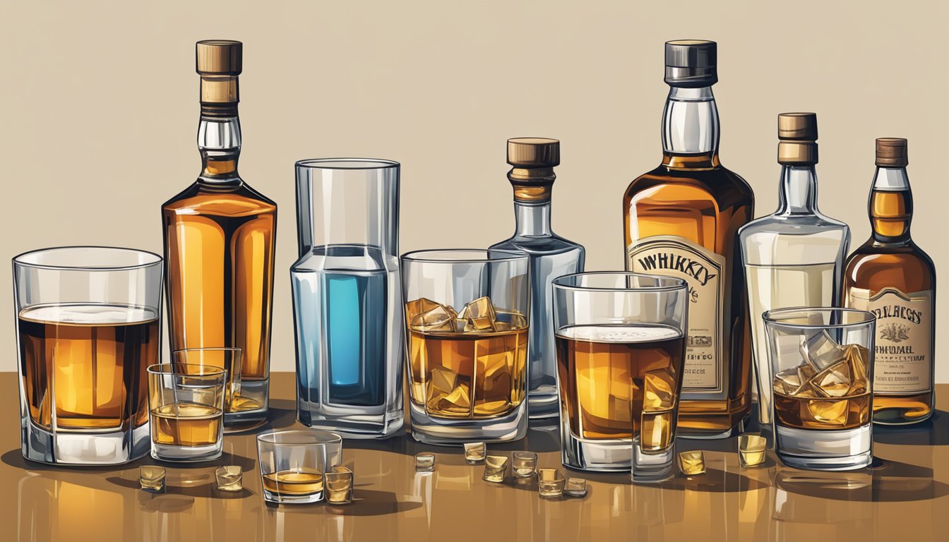 A table with various glasses of whiskey, each labeled with different serving sizes, surrounded by empty glasses and bottles