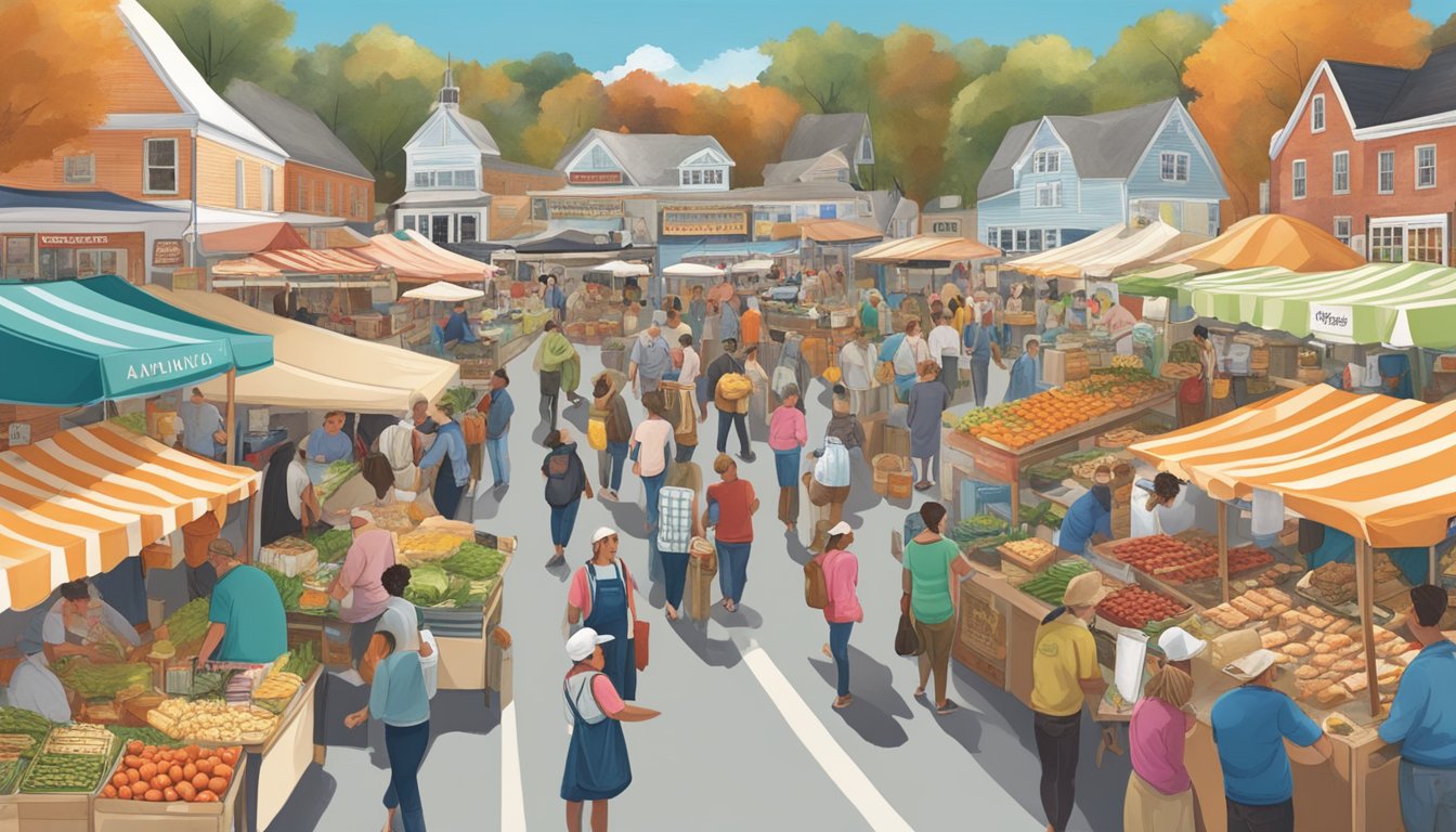 A bustling farmers' market with stalls overflowing with fresh seafood, maple syrup, and artisanal cheeses, all showcasing Connecticut's famous local delicacies