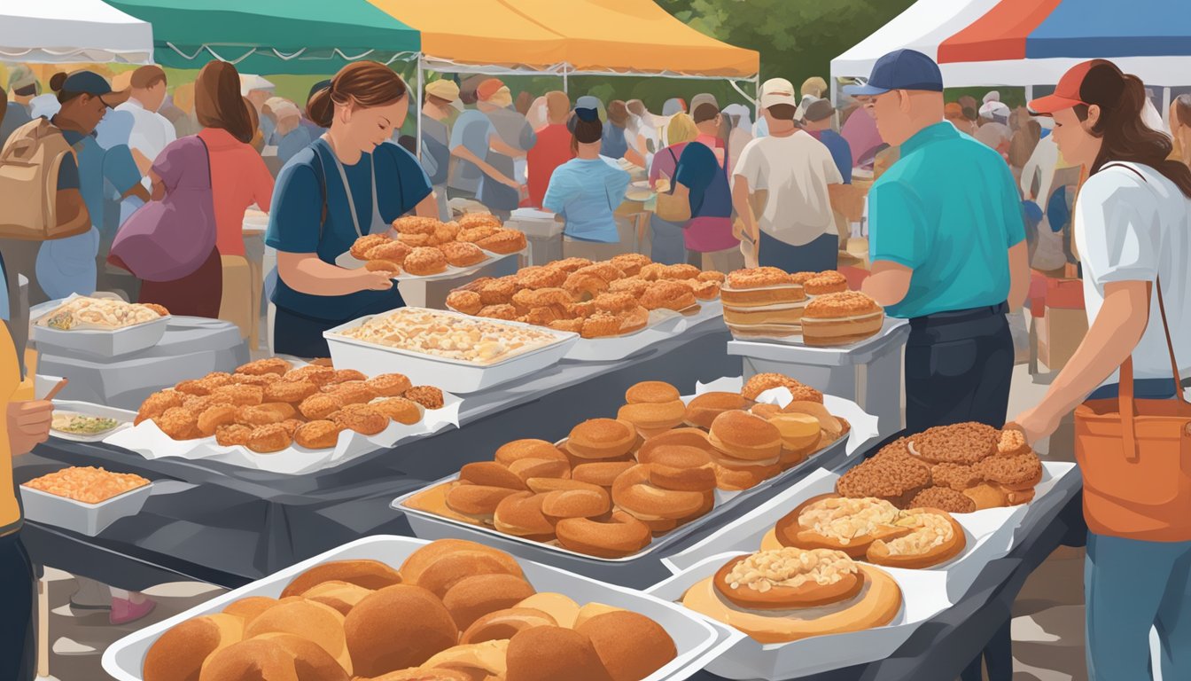 A table overflowing with steaming lobster rolls, apple cider donuts, and pumpkin pies at a bustling Connecticut food festival