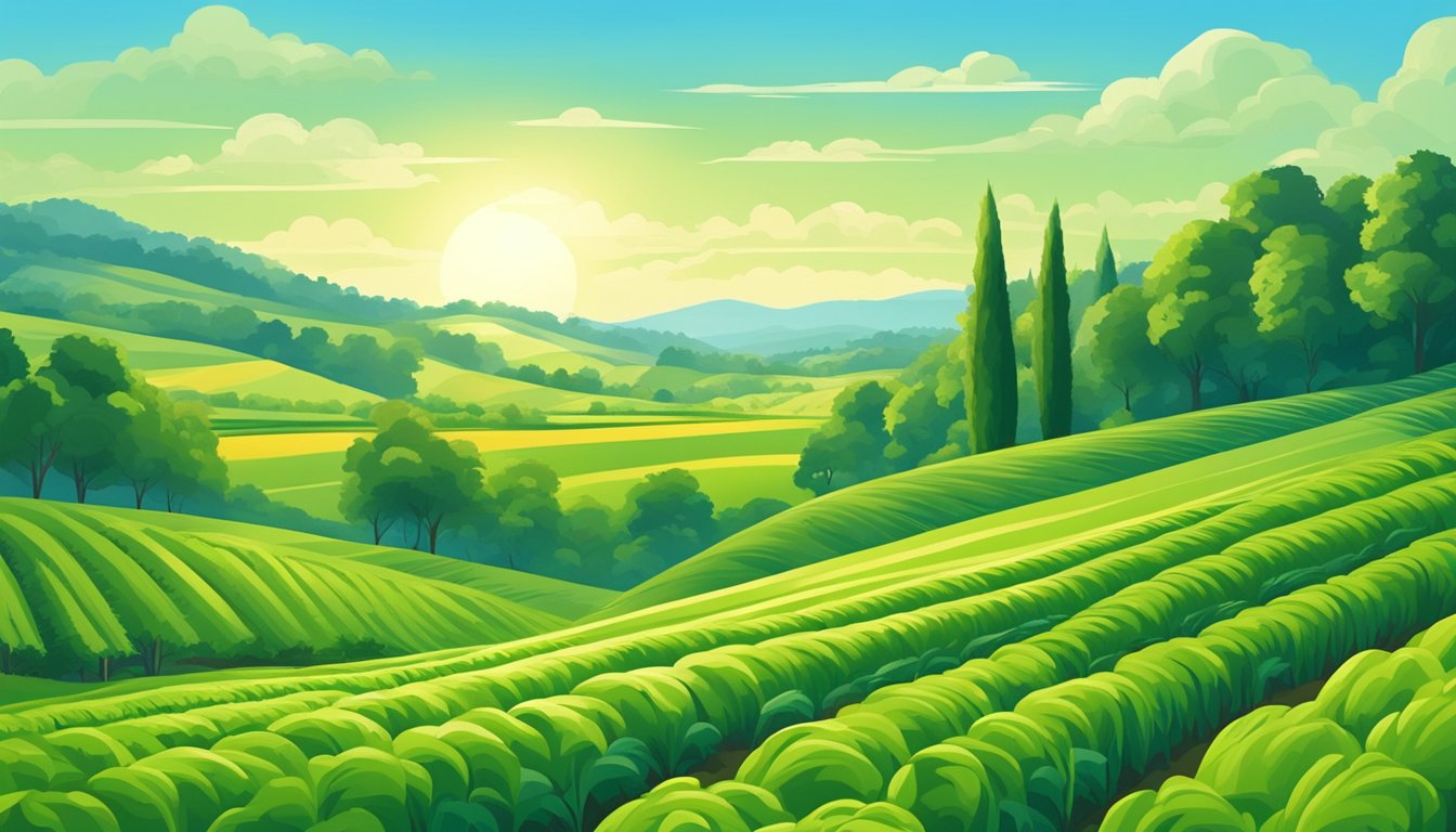 A lush, rolling landscape of sun-drenched fields filled with rows of vibrant green crops, surrounded by tall trees and a clear blue sky