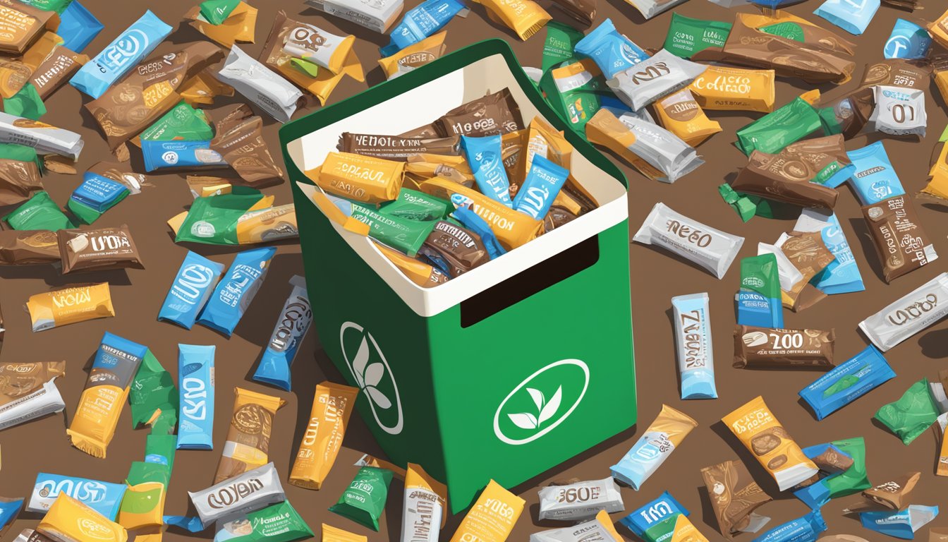 A pile of empty neoh chocolate bar wrappers overflowing from a recycling bin, surrounded by images of sustainability and brand values