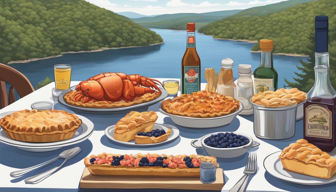 A table set with lobster rolls, blueberry pie, and maple syrup bottles, surrounded by Connecticut postcards and scenic photographs