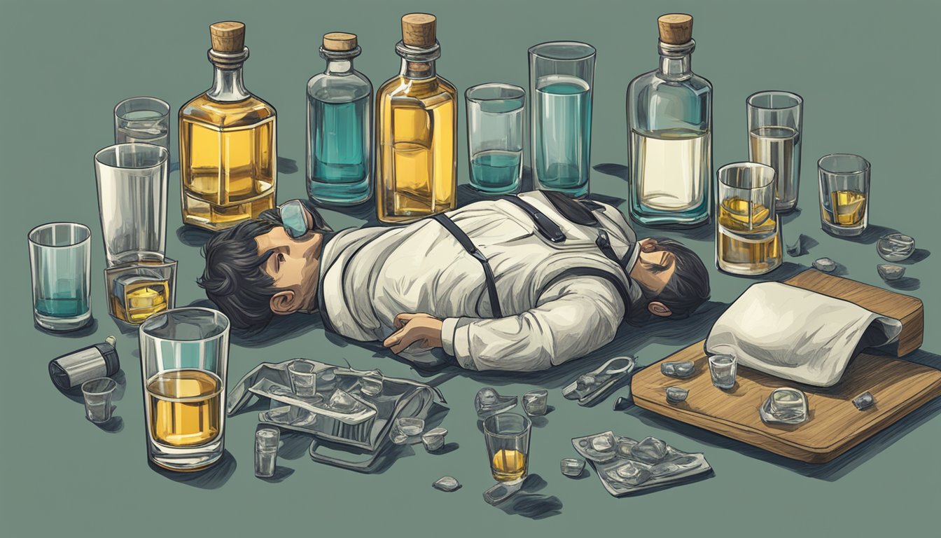 A table with empty shot glasses, a bottle of tequila, and a person slumped over, surrounded by medical equipment