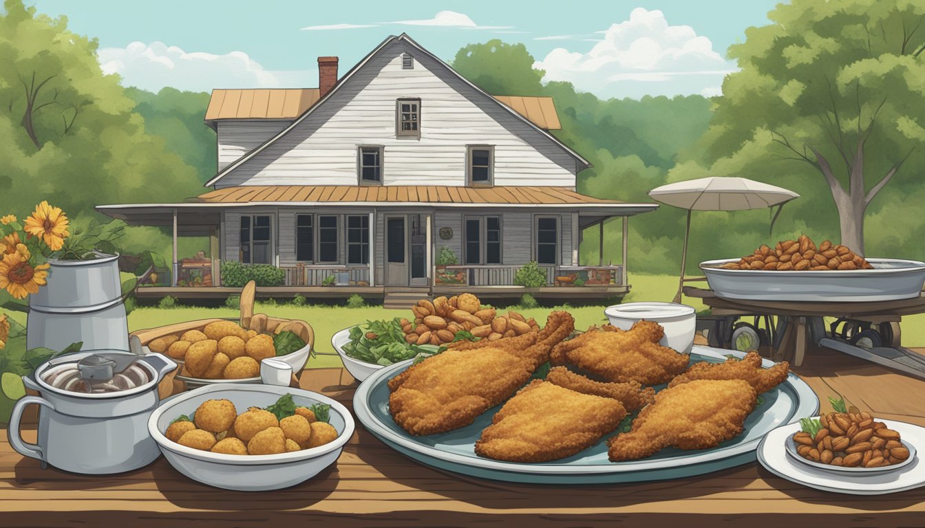 A table spread with classic Arkansas dishes like fried catfish, hushpuppies, and pecan pie, surrounded by lush greenery and a rustic farmhouse in the background