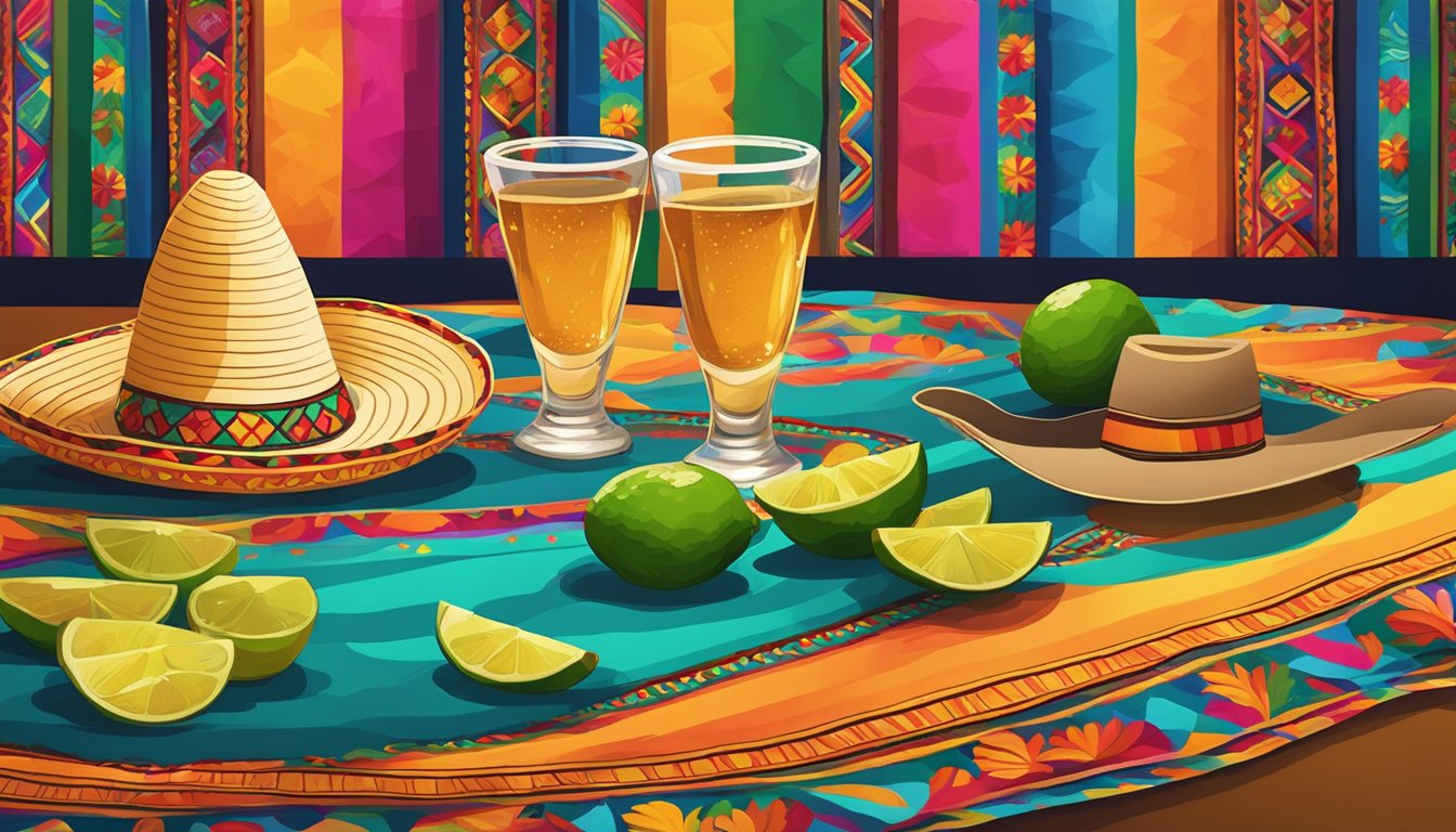 A table with empty tequila glasses scattered around, a sombrero hanging on the wall, and a vibrant Mexican tapestry in the background