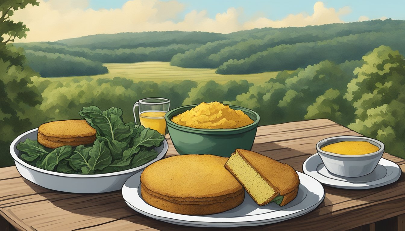 A table set with cornbread, collard greens, and fried green tomatoes, surrounded by a rustic Arkansas landscape