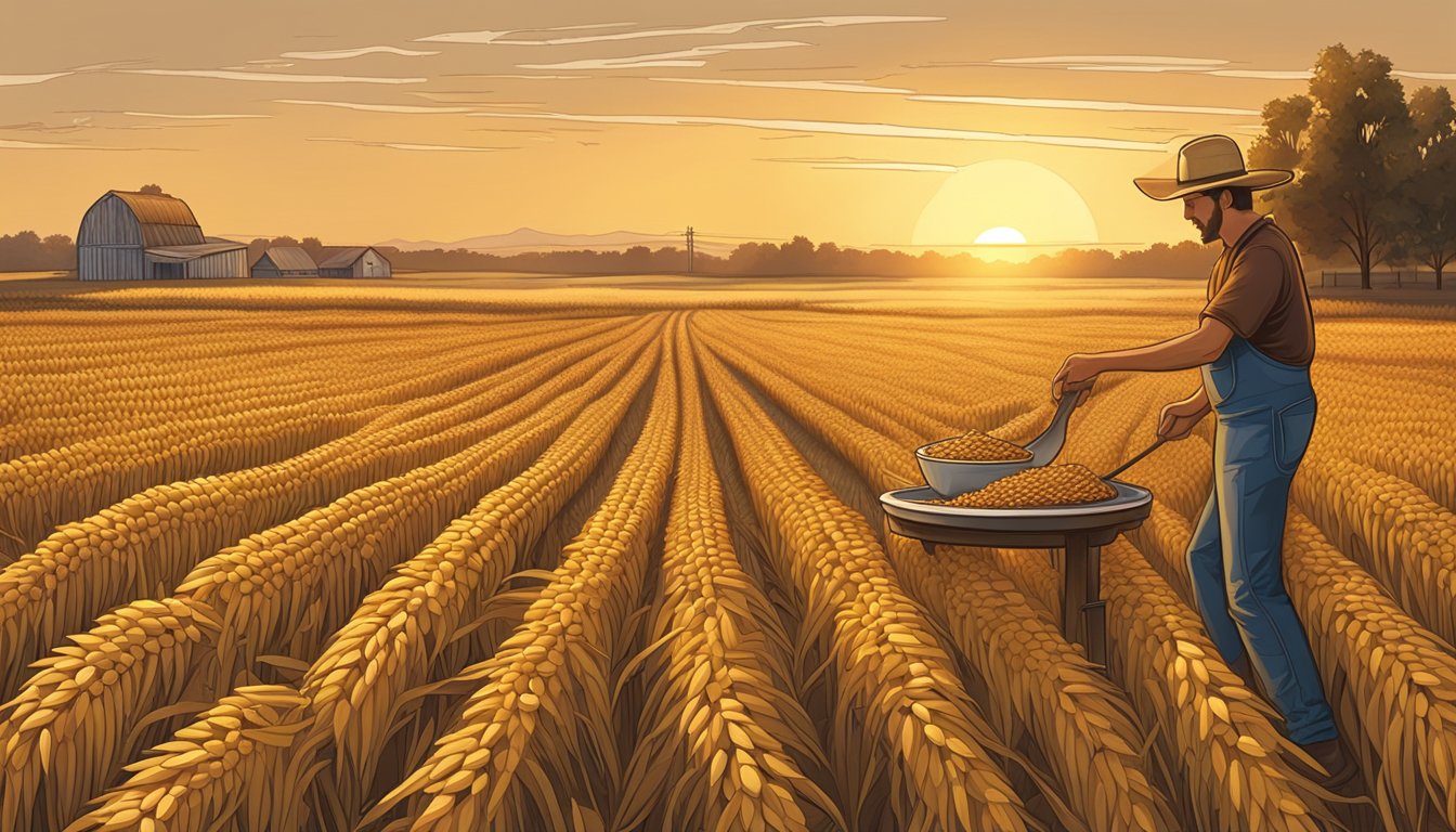 A sprawling wheat field with a golden sunset, a farmer harvesting corn, and a table filled with BBQ ribs, cornbread, and sunflower seed pie