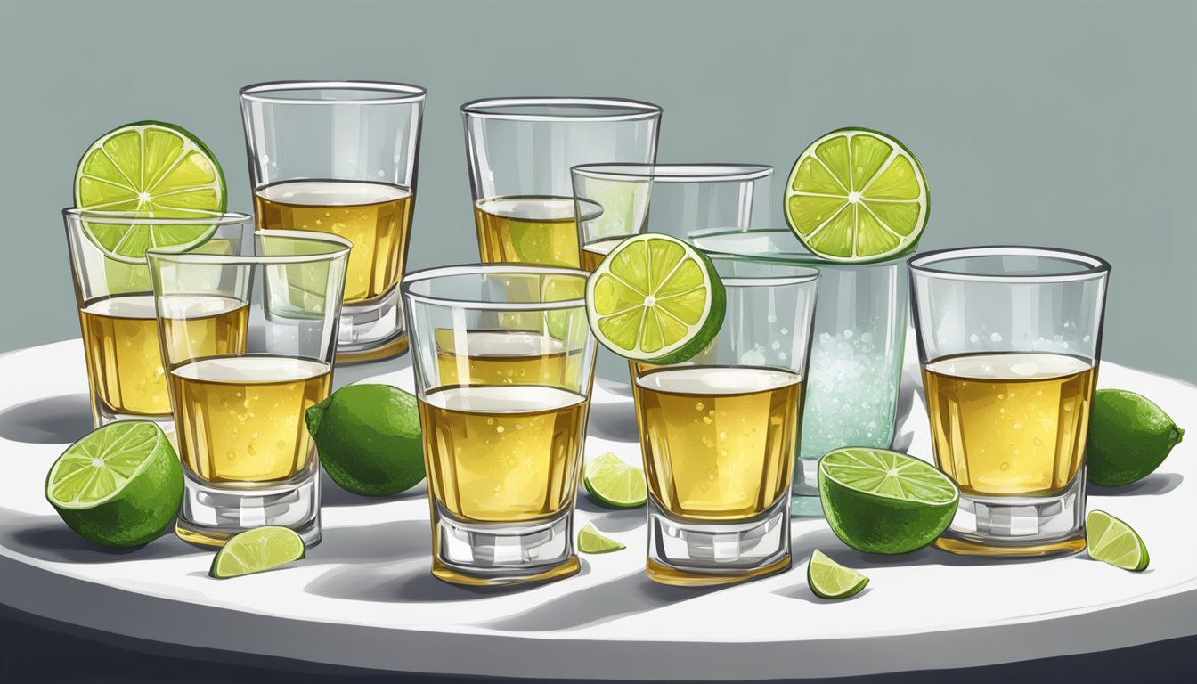 A table with several glasses of tequila, some empty and some full, with lime wedges and salt scattered around