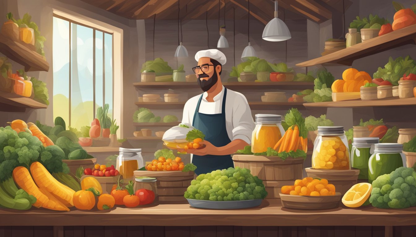 A farmer's market stall with colorful vegetables, fruits, and jars of honey. A chef cooking with locally sourced ingredients in a rustic kitchen