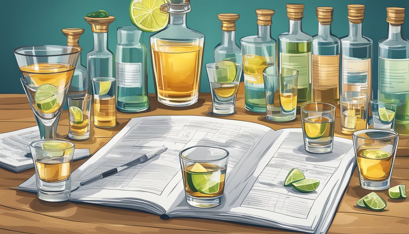 A table with multiple shot glasses filled with tequila, some empty and some still full, surrounded by scientific research articles and charts on alcohol consumption