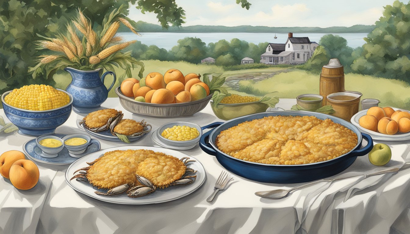 A table spread with steamed blue crabs, corn on the cob, and peach cobbler, surrounded by lush greenery and a colonial-era farmhouse