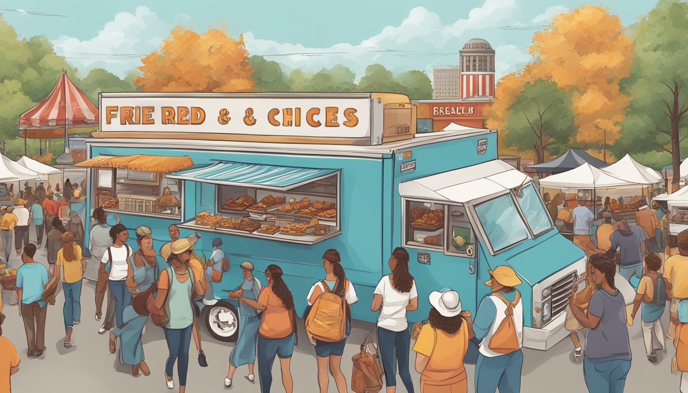 A bustling food truck festival in Arkansas, featuring modern twists on classic Southern favorites like fried chicken, BBQ ribs, and pecan pie