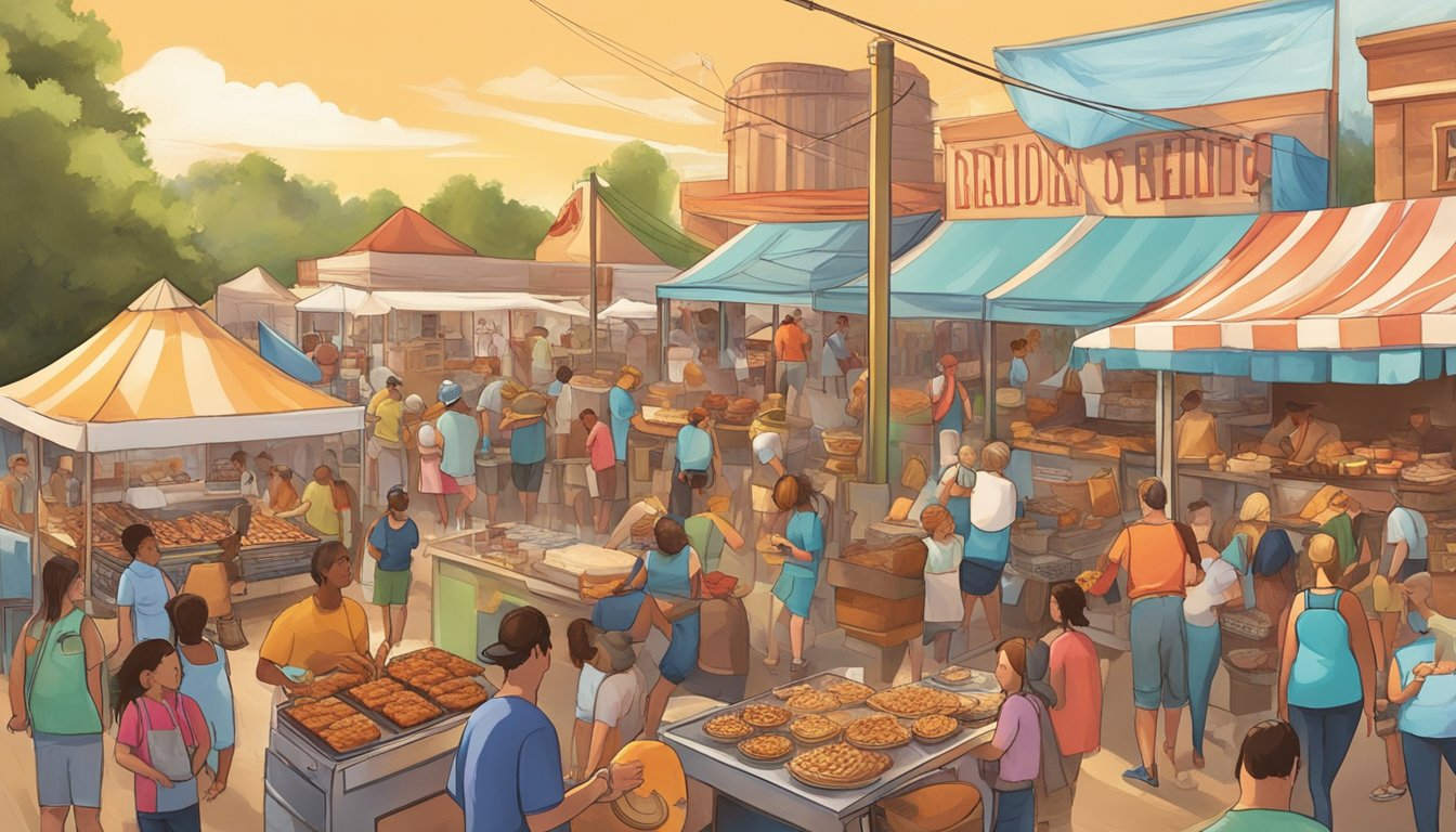 A bustling outdoor food festival in Kansas, with vendors selling famous dishes like barbecue, fried chicken, and homemade pies. The aroma of sizzling meats and sweet treats fills the air