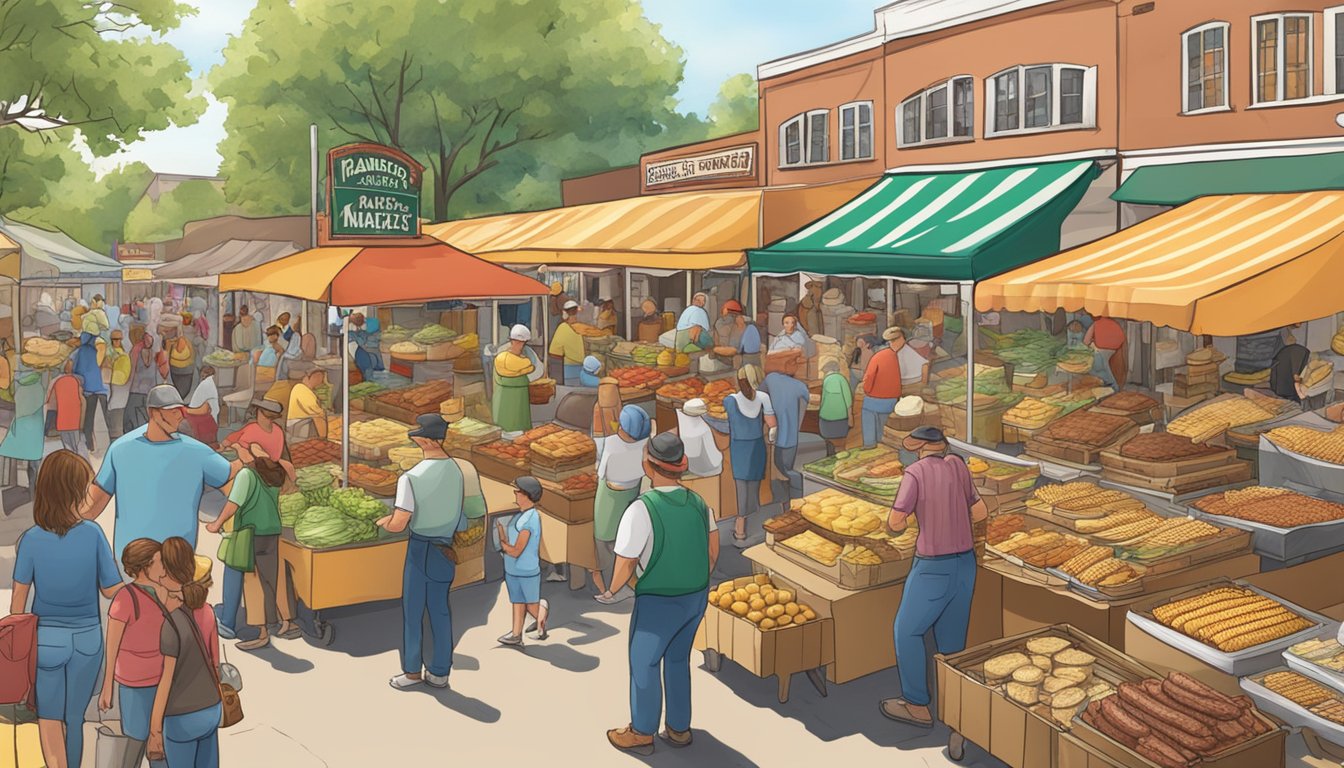 A bustling farmer's market with vendors selling famous Kansas BBQ, corn on the cob, and homemade pies