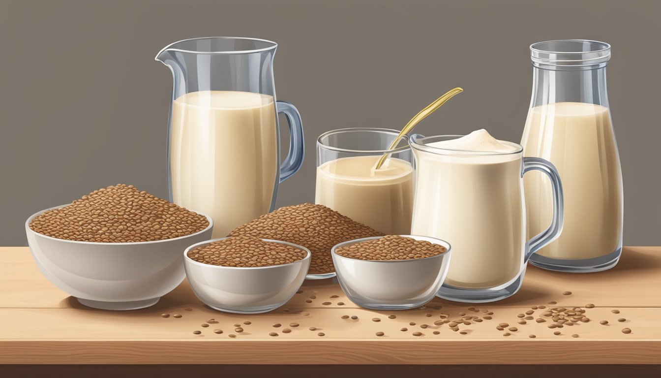 A table with multiple glasses of flax milk, some overflowing, surrounded by spilled flax seeds and a measuring cup