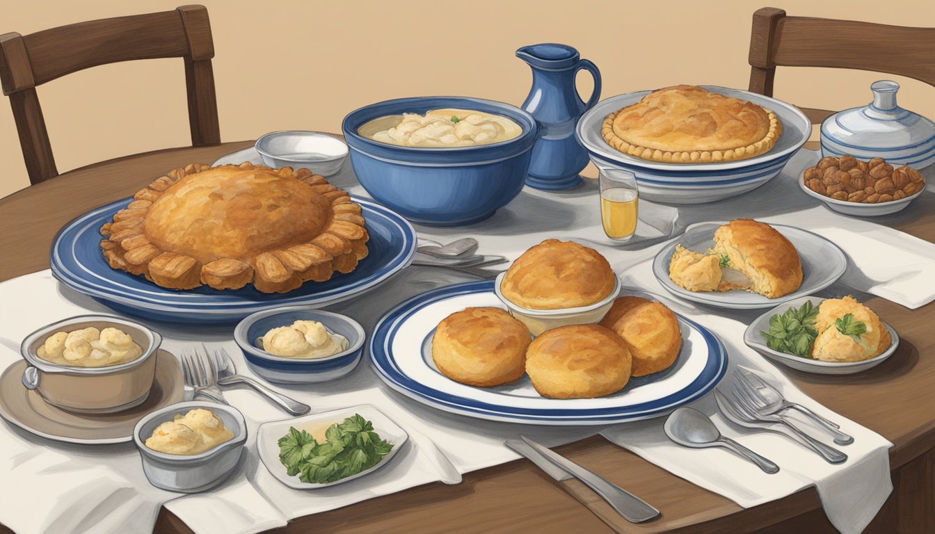 A table set with crab cakes, chicken and dumplings, and peach pie, surrounded by Delaware's state symbols - a horseshoe crab, peach, and blue hen