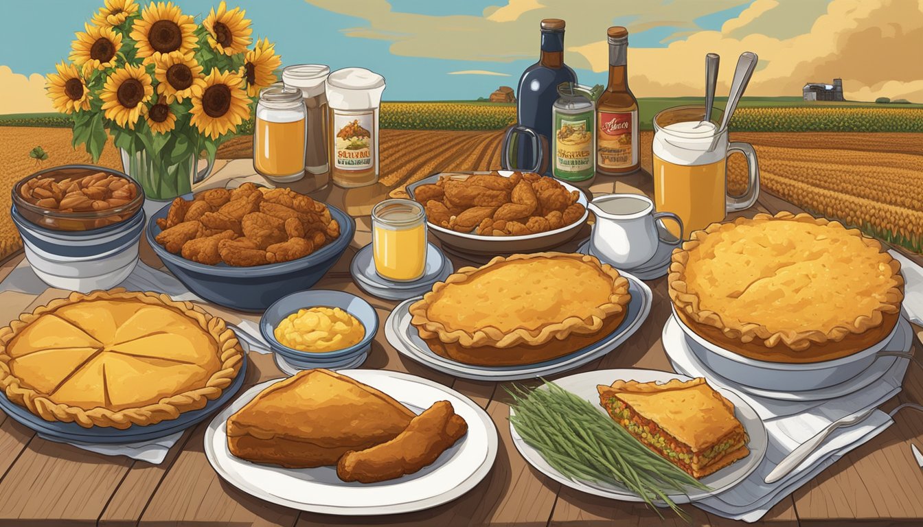 A table set with a spread of Kansas cuisine including barbecue, fried chicken, cornbread, and apple pie, surrounded by images of wheat fields and sunflowers