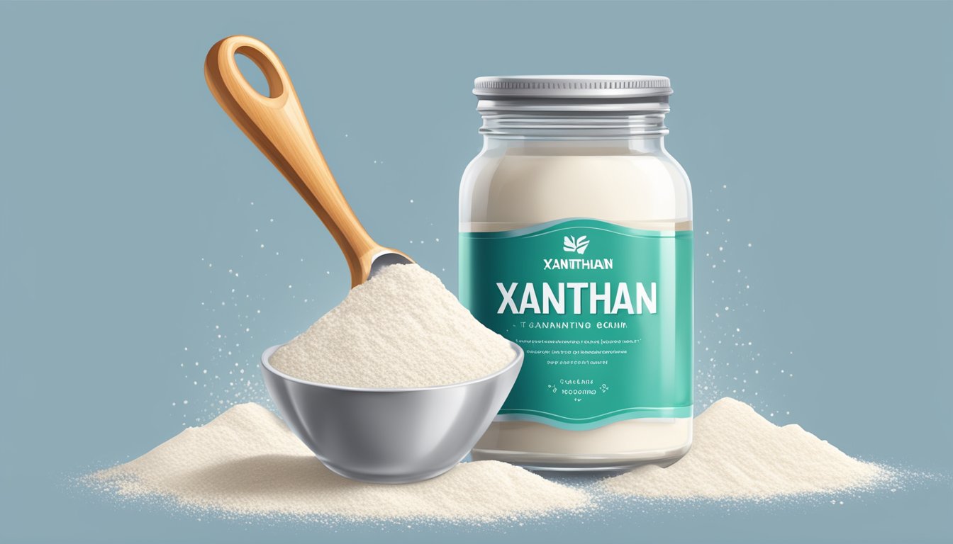 A jar of xanthan gum with a measuring spoon next to it. A small pile of the powder spills out onto a clean white countertop