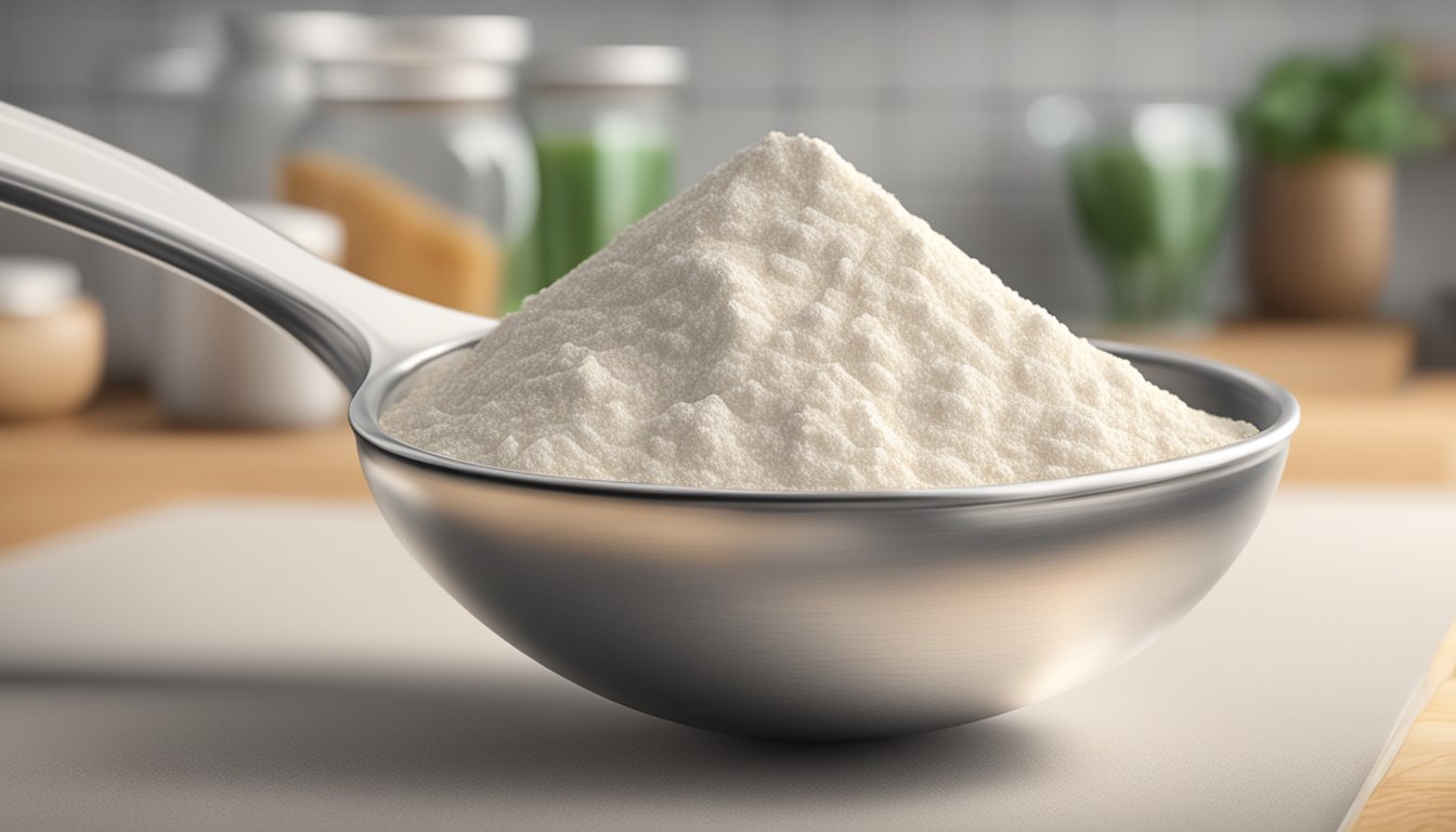 A clear measuring spoon with xanthan gum powder on a kitchen counter