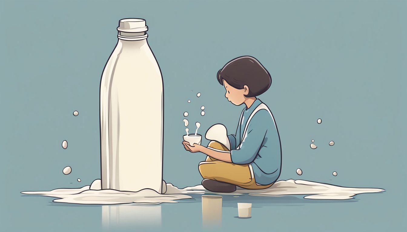 A bottle of flax milk overflowing with liquid, surrounded by spilled milk and a worried expression on a faceless figure