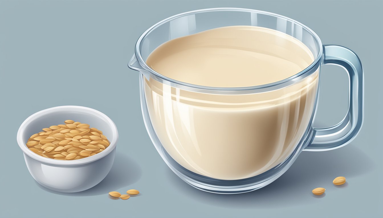 A measuring cup pouring excessive flax milk into a glass