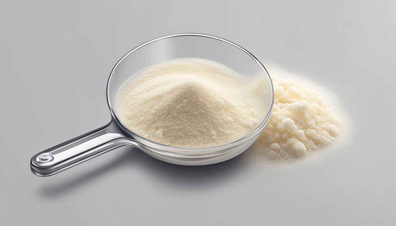 A clear measuring spoon with a small pile of xanthan gum next to it on a clean, white surface