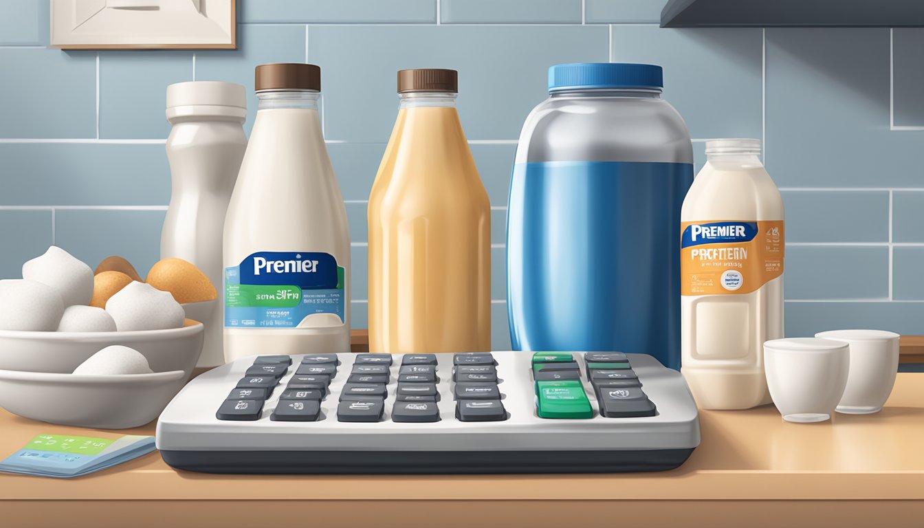 A kitchen counter with several empty and partially consumed bottles of premier protein shake, a measuring cup, and a calculator