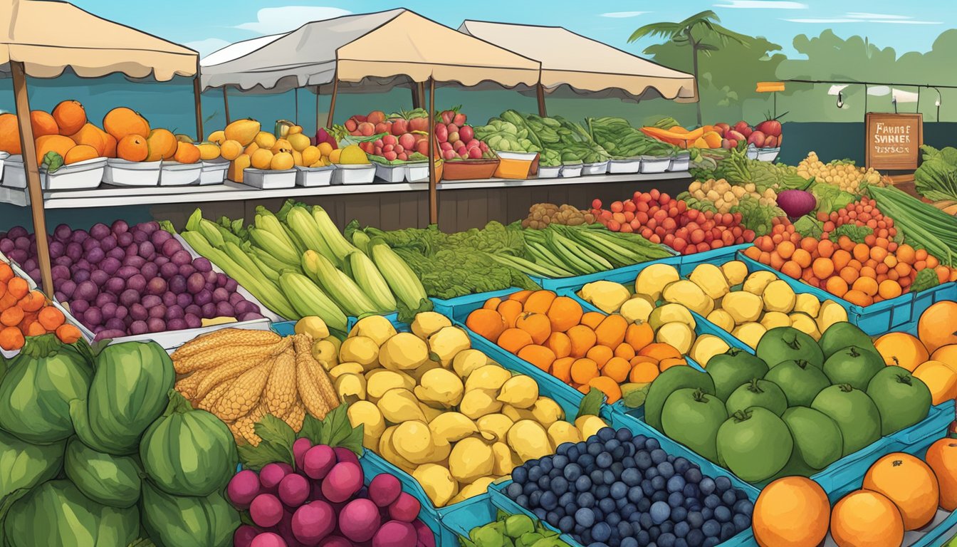 A vibrant farmer's market with colorful fruits, vegetables, and seafood, all locally sourced from Florida