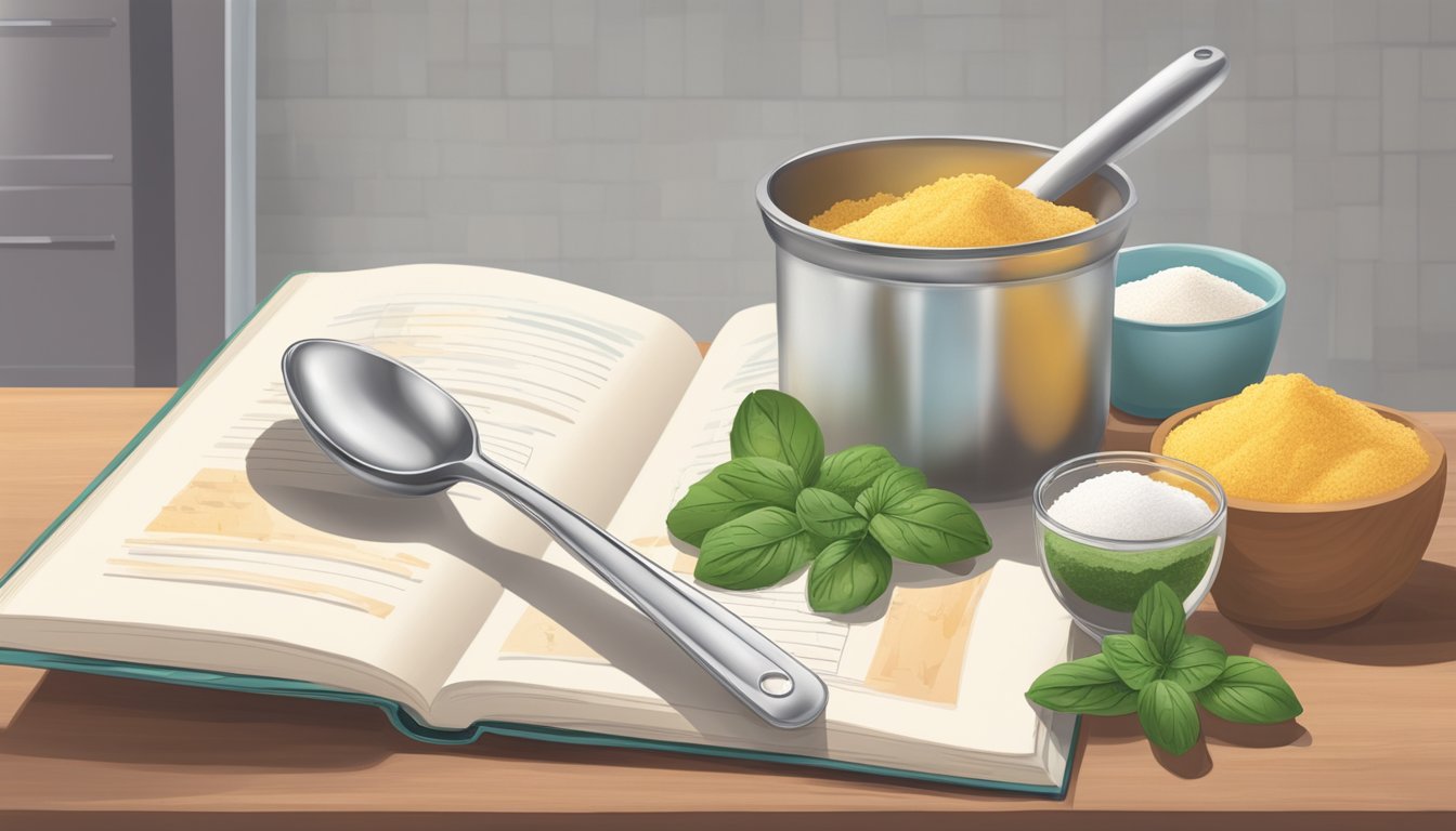 A clear measuring spoon filled with xanthan gum sits on a kitchen counter next to a recipe book and various food ingredients