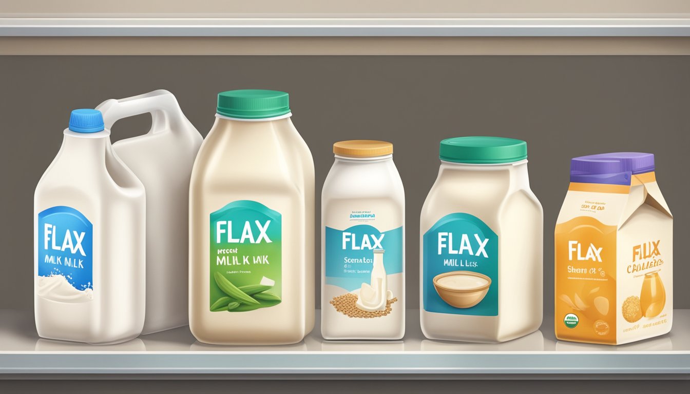 A kitchen shelf filled with various containers of flax milk, alongside a shopping bag filled with more cartons