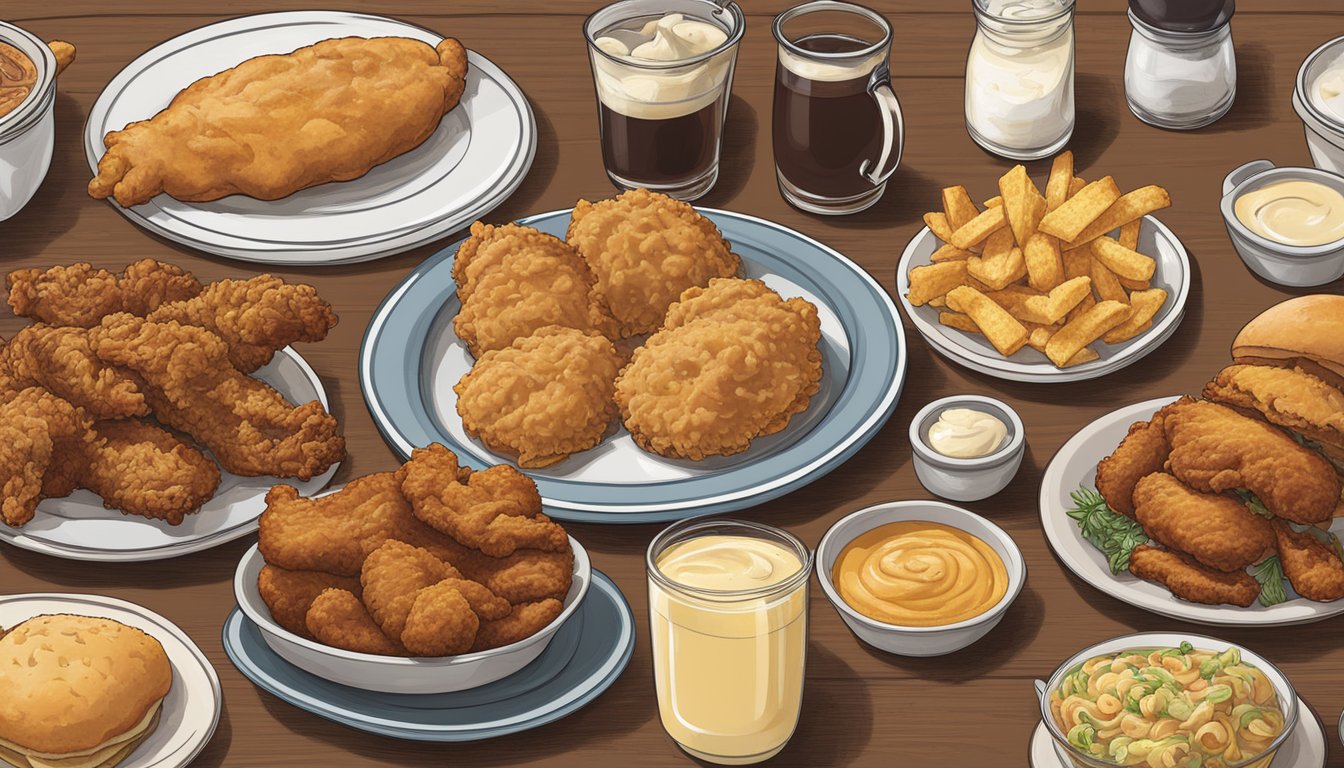 A table spread with Indiana's famous savory foods: pork tenderloin sandwiches, sugar cream pie, and Hoosier-style fried chicken