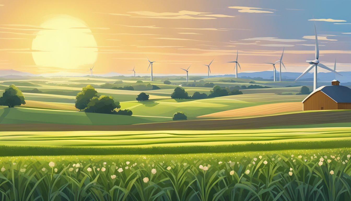 A lush field of flax plants stretching to the horizon, with a small dairy farm in the distance. The sun sets behind a wind turbine, highlighting the sustainable nature of the scene