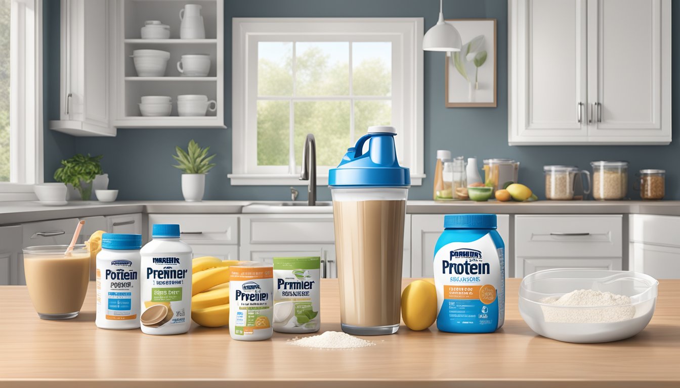 A kitchen counter with multiple empty and half-empty bottles of premier protein shake, alongside a measuring cup and a nutrition guide