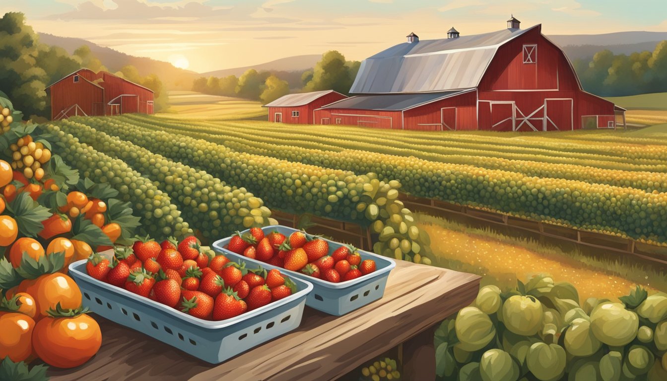 A table filled with fresh strawberries, golden corn, and plump tomatoes, surrounded by fields and a rustic barn